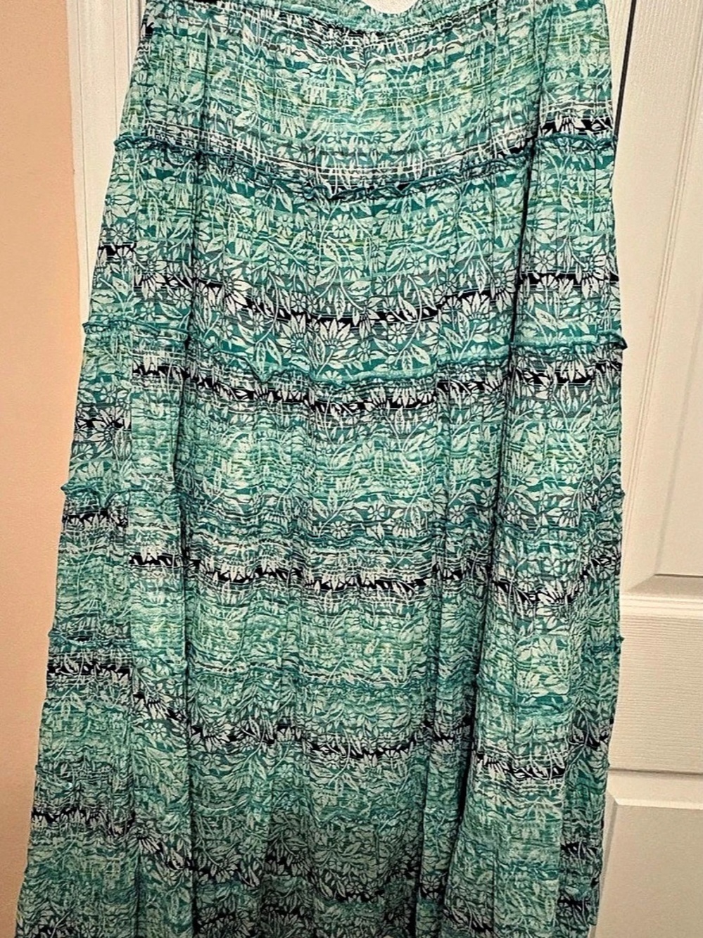Kim Rogers Cotton Maxi Skirt in Green & White Like New